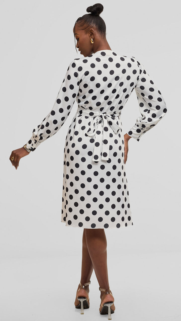 Vivo Long Sleeve Wrap Dress in Satin - White / Black Polka Dot
