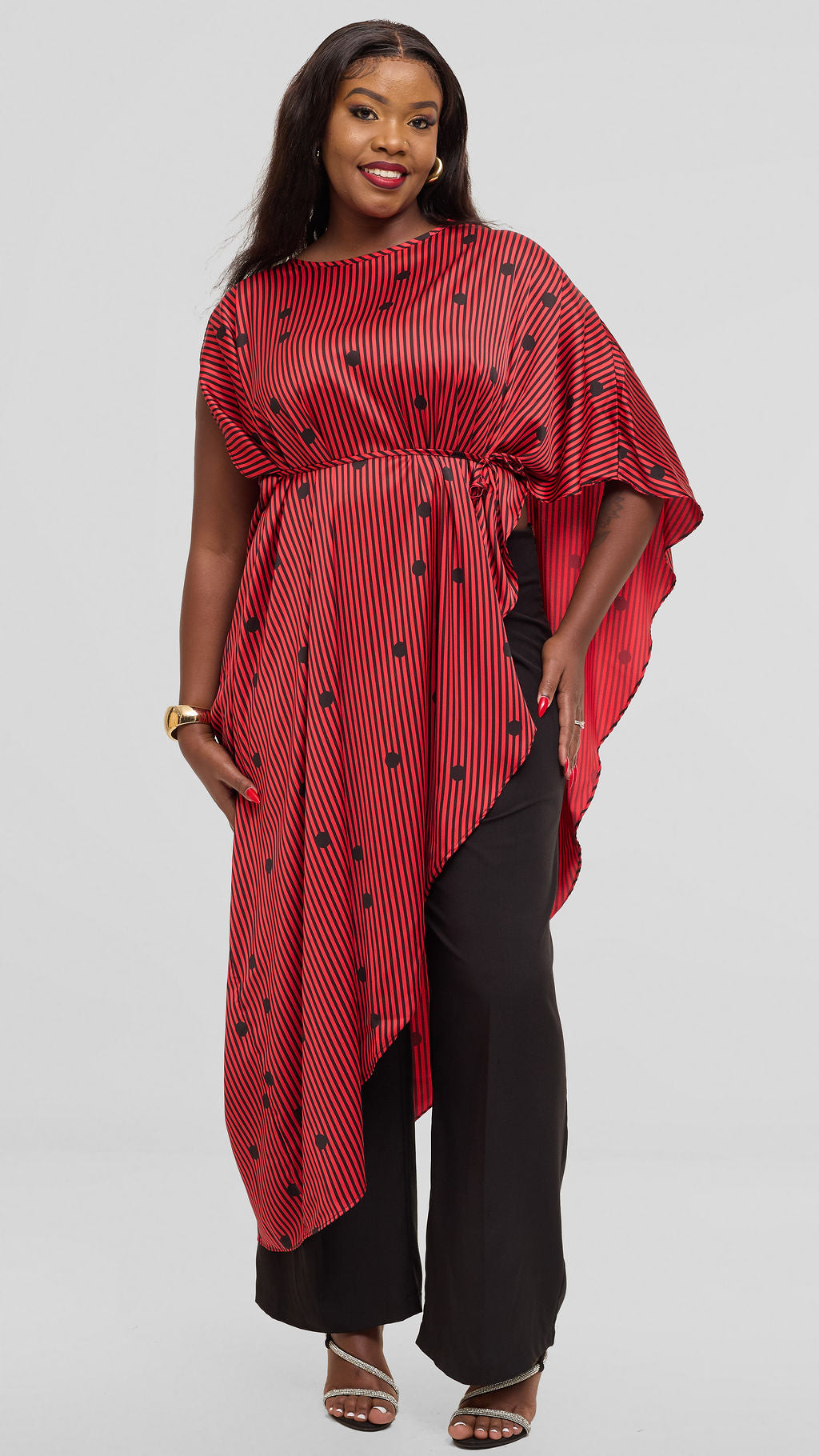 Vivo Liora Asymmetrical Kaftan Top in Satin - Orange / Black Polstripes