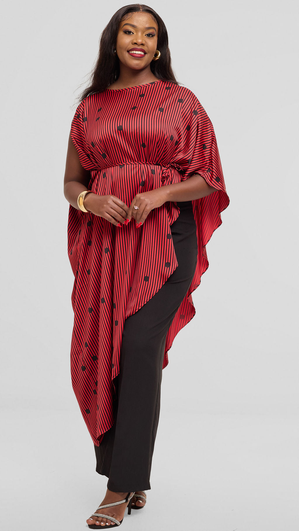Vivo Liora Asymmetrical Kaftan Top in Satin - Orange / Black Polstripes