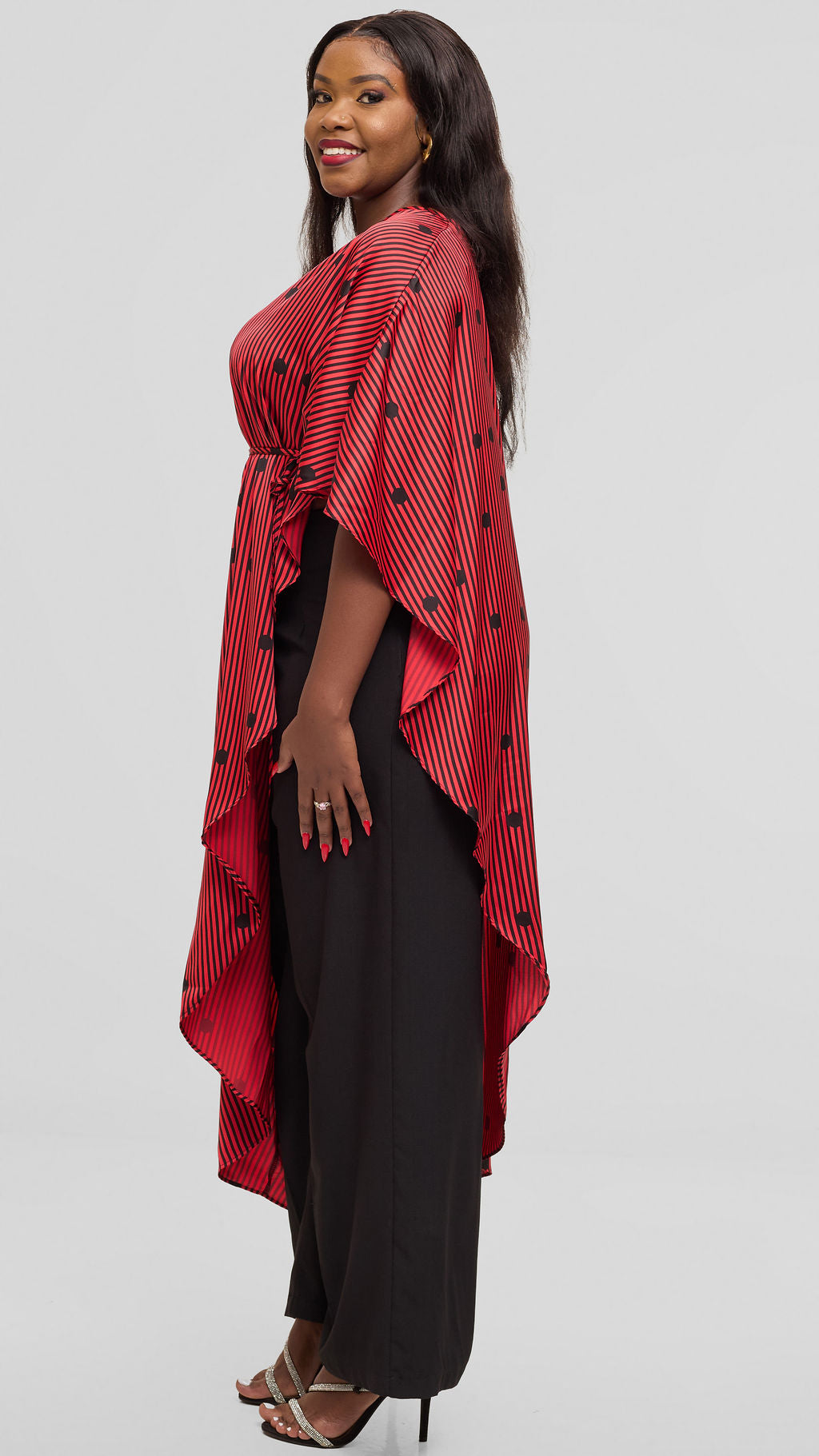 Vivo Liora Asymmetrical Kaftan Top in Satin - Orange / Black Polstripes