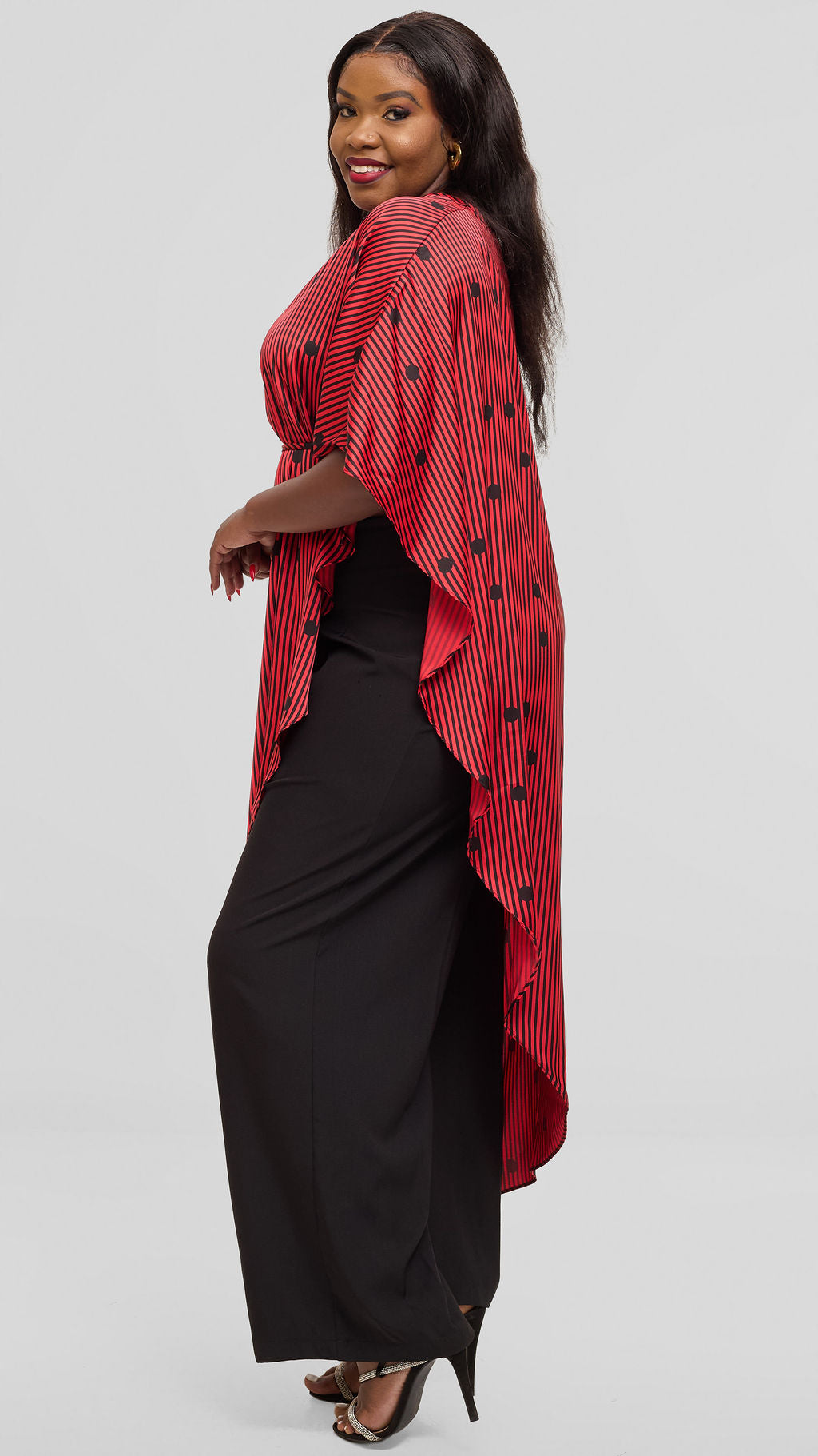 Vivo Liora Asymmetrical Kaftan Top in Satin - Orange / Black Polstripes