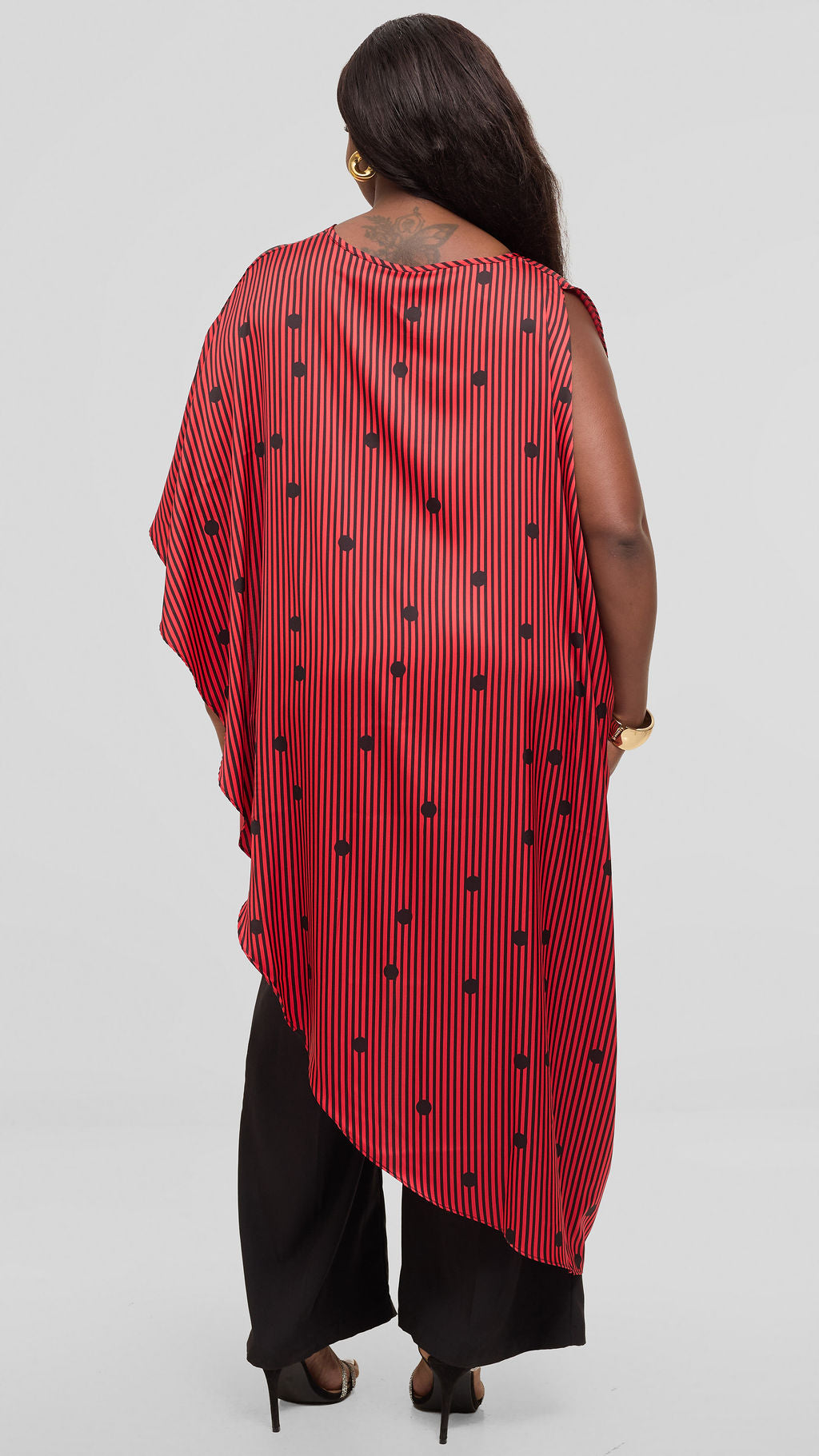 Vivo Liora Asymmetrical Kaftan Top in Satin - Orange / Black Polstripes
