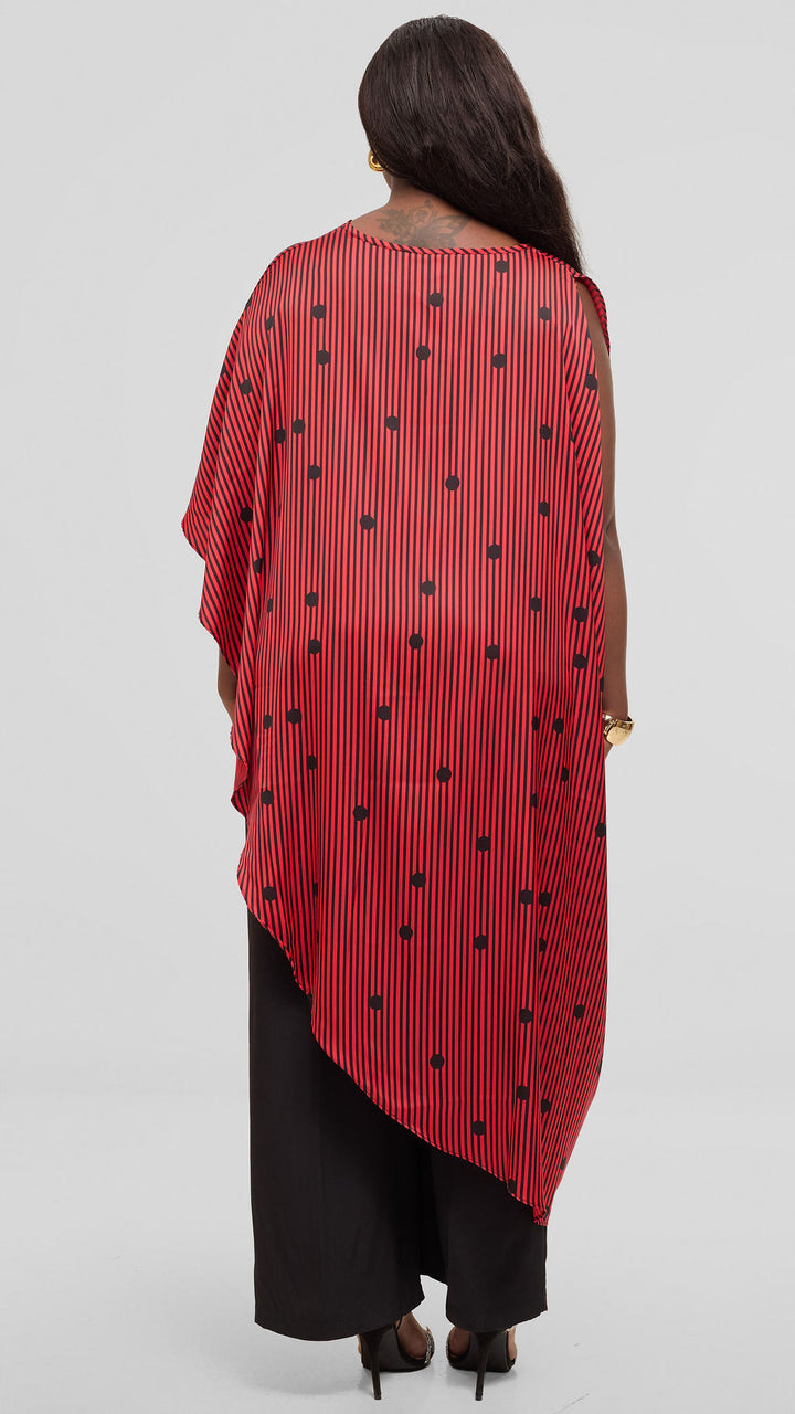 Vivo Liora Asymmetrical Kaftan Top in Satin - Orange / Black Polstripes