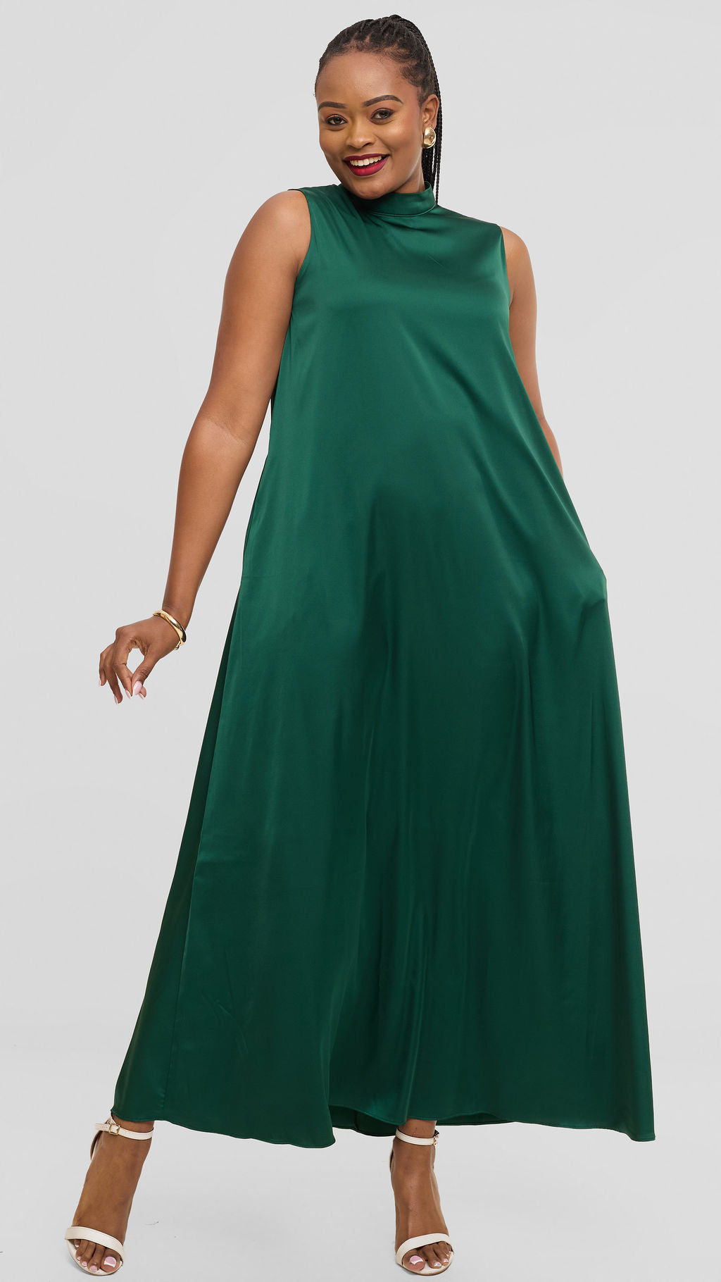 Vivo Thando Mock Neck Maxi Dress in Satin - Dark Green