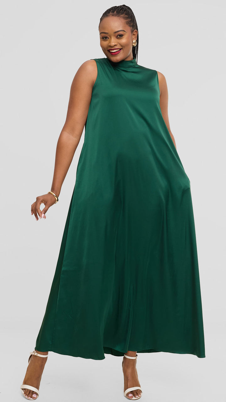 Vivo Thando Mock Neck Maxi Dress in Satin - Dark Green
