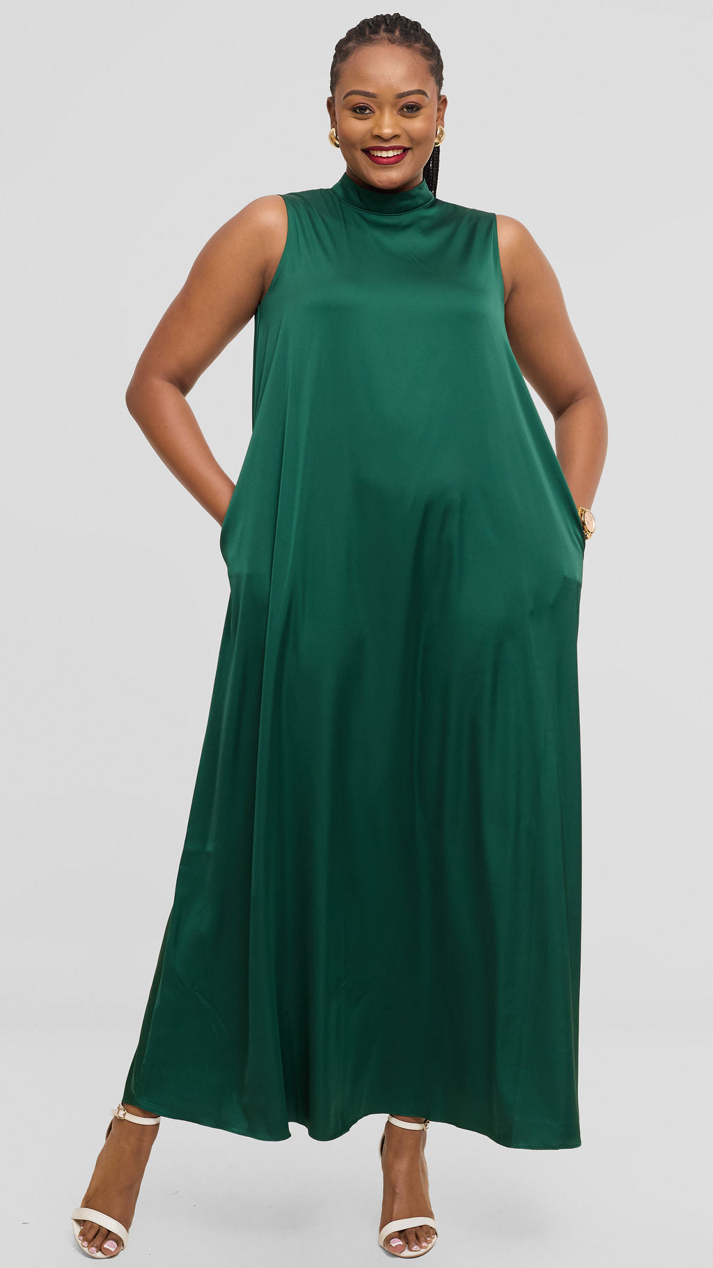 Vivo Thando Mock Neck Maxi Dress in Satin - Dark Green