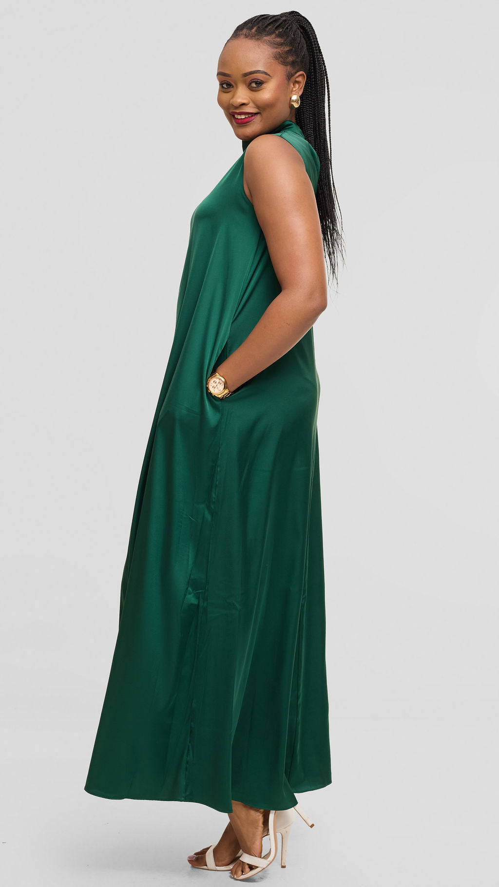 Vivo Thando Mock Neck Maxi Dress in Satin - Dark Green