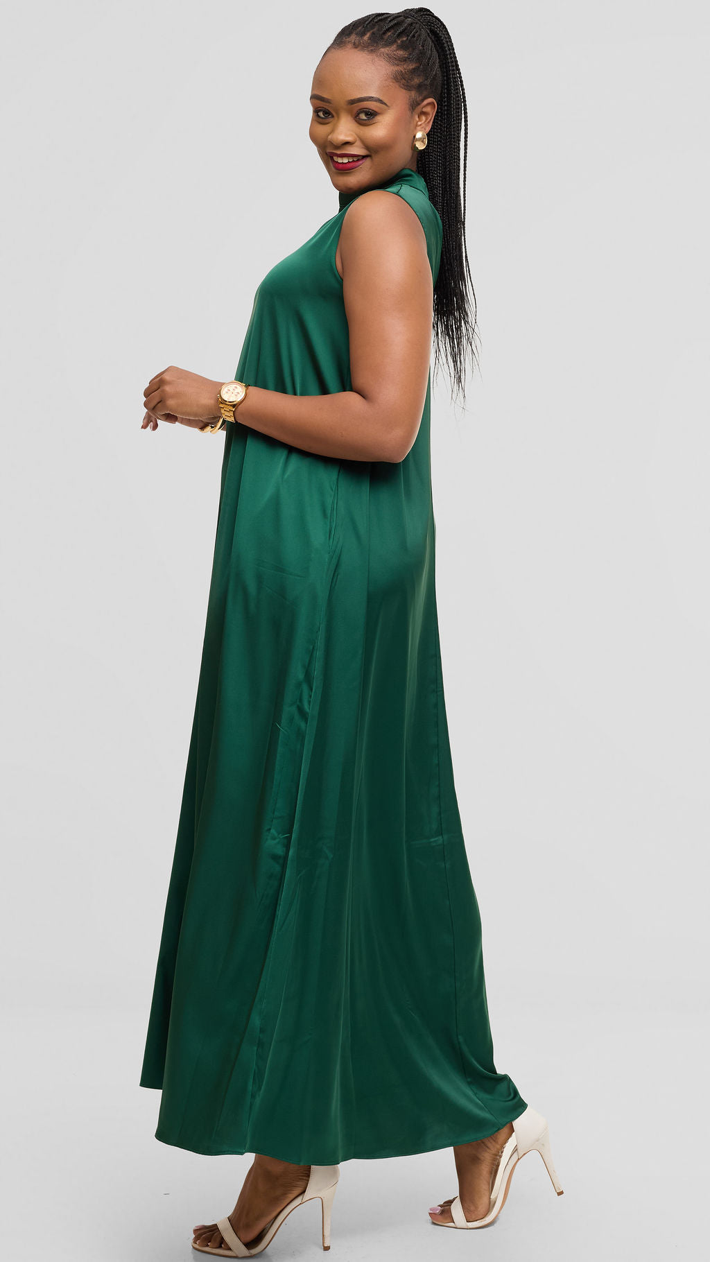 Vivo Thando Mock Neck Maxi Dress in Satin - Dark Green