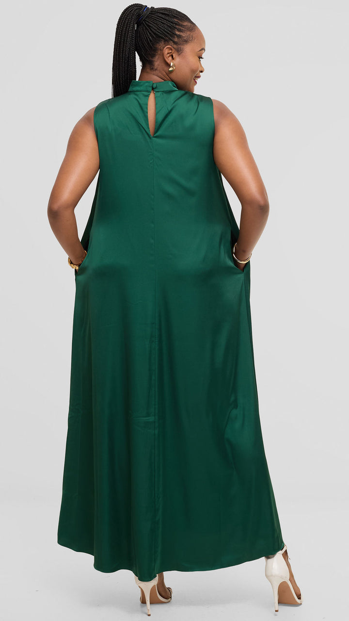 Vivo Thando Mock Neck Maxi Dress in Satin - Dark Green