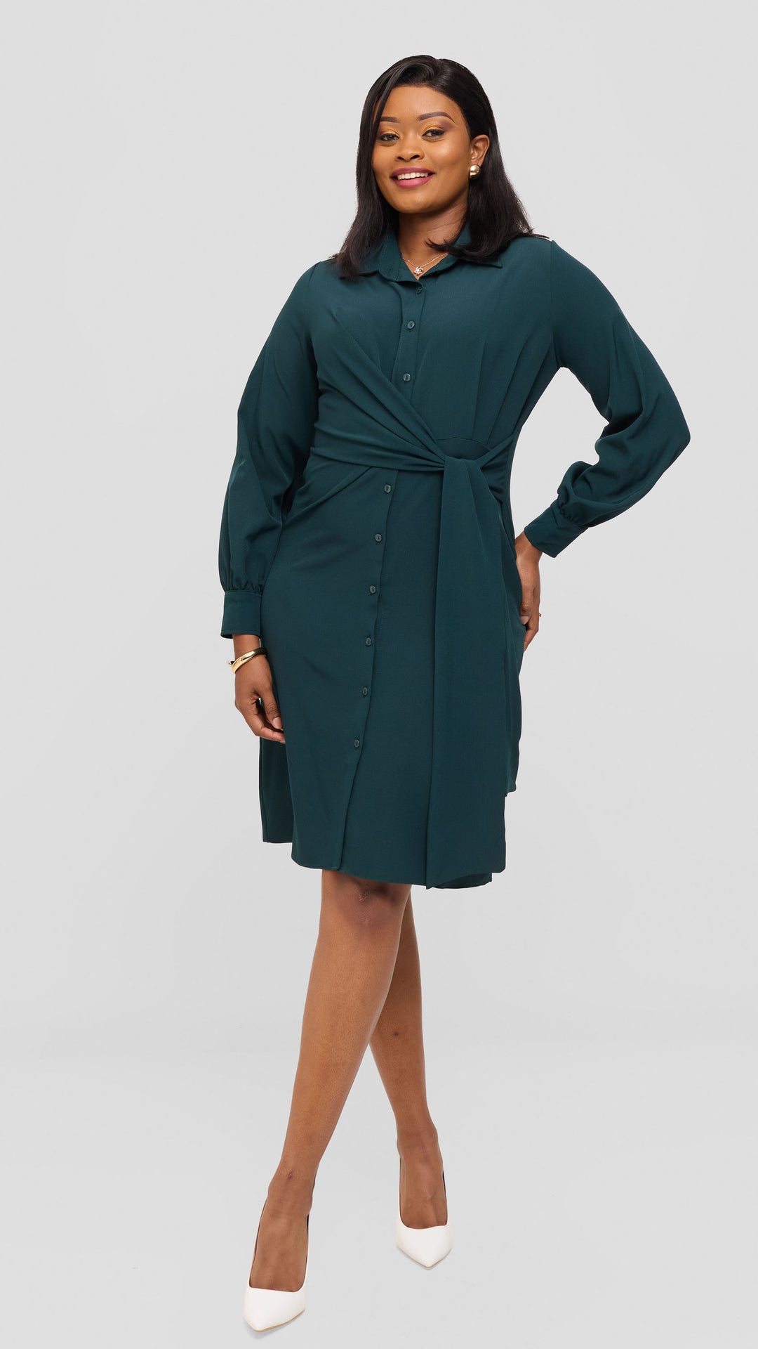 Vivo Long Sleeve Tie Dress in Crepe - Dark Green