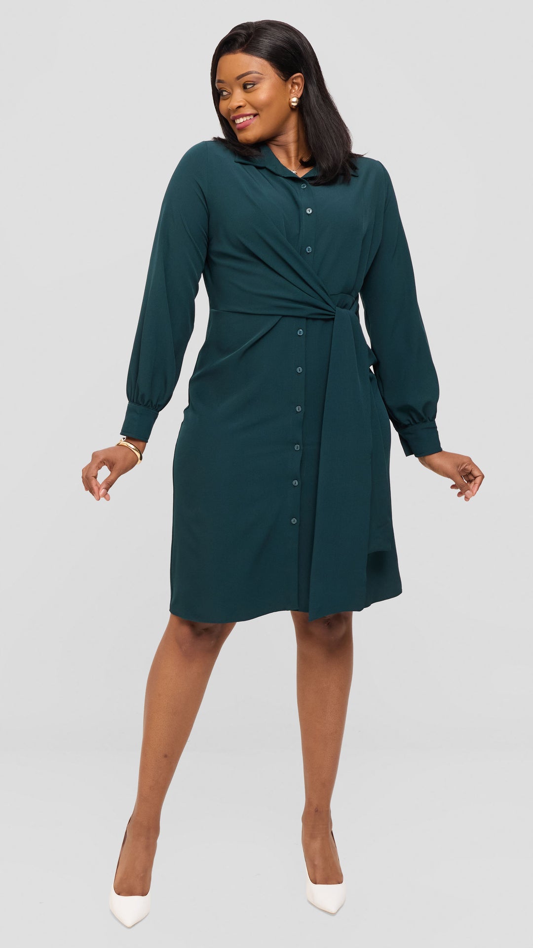 Vivo Long Sleeve Tie Dress in Crepe - Dark Green