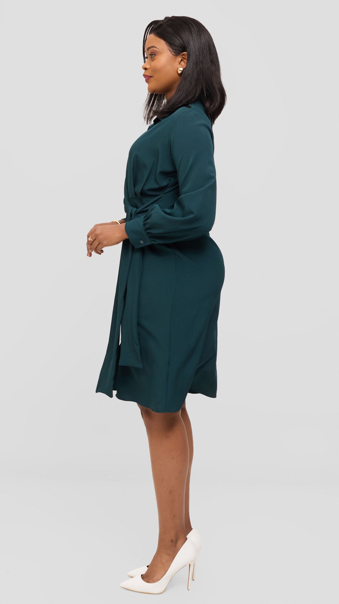 Vivo Long Sleeve Tie Dress in Crepe - Dark Green