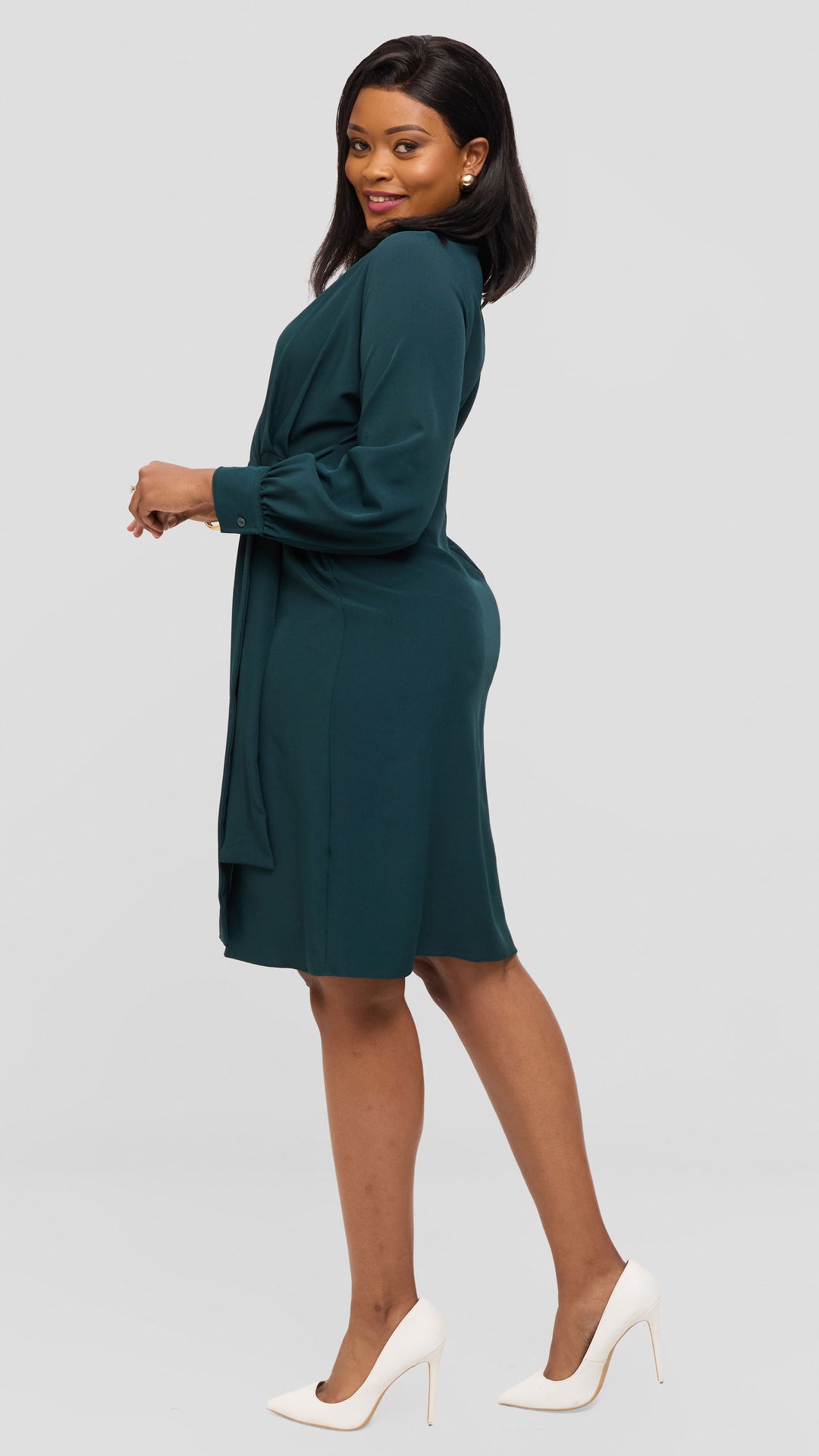 Vivo Long Sleeve Tie Dress in Crepe - Dark Green