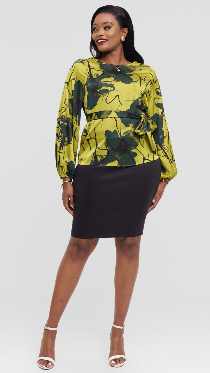 Vivo Basic Satin Bishop Sleeve Top - Olive / Green Print