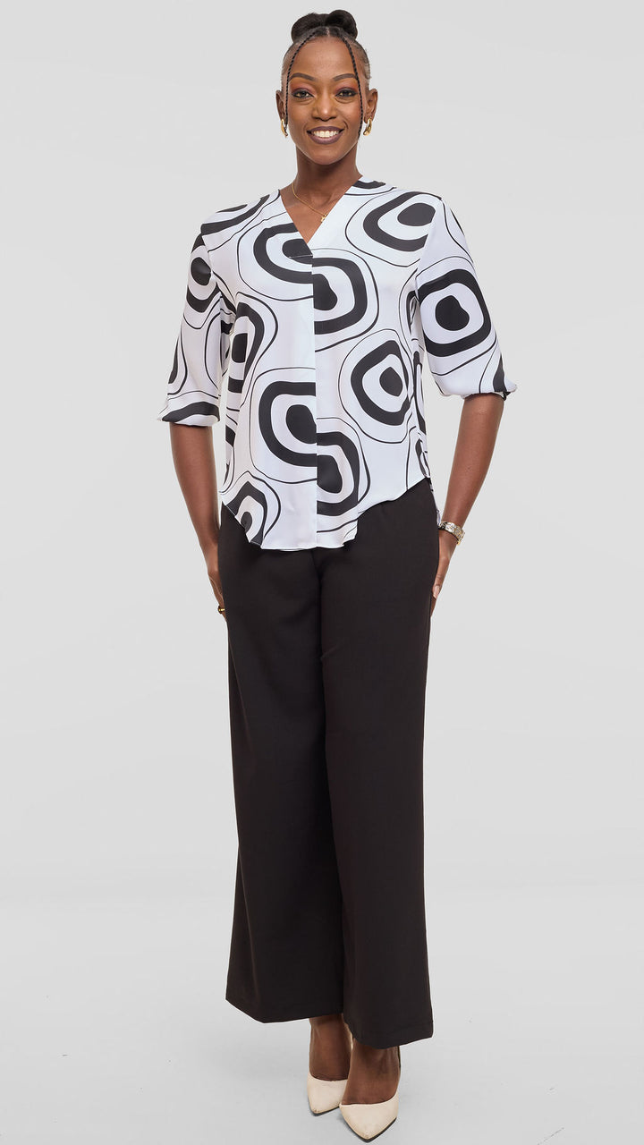 Vivo Dua Shirt in Textured Satin - Off White / Black Laisa Print