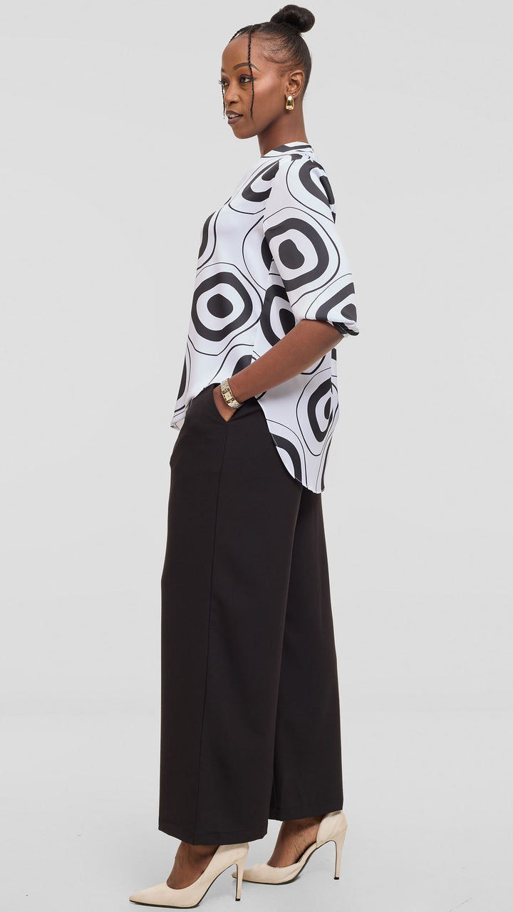 Vivo Dua Shirt in Textured Satin - Off White / Black Laisa Print