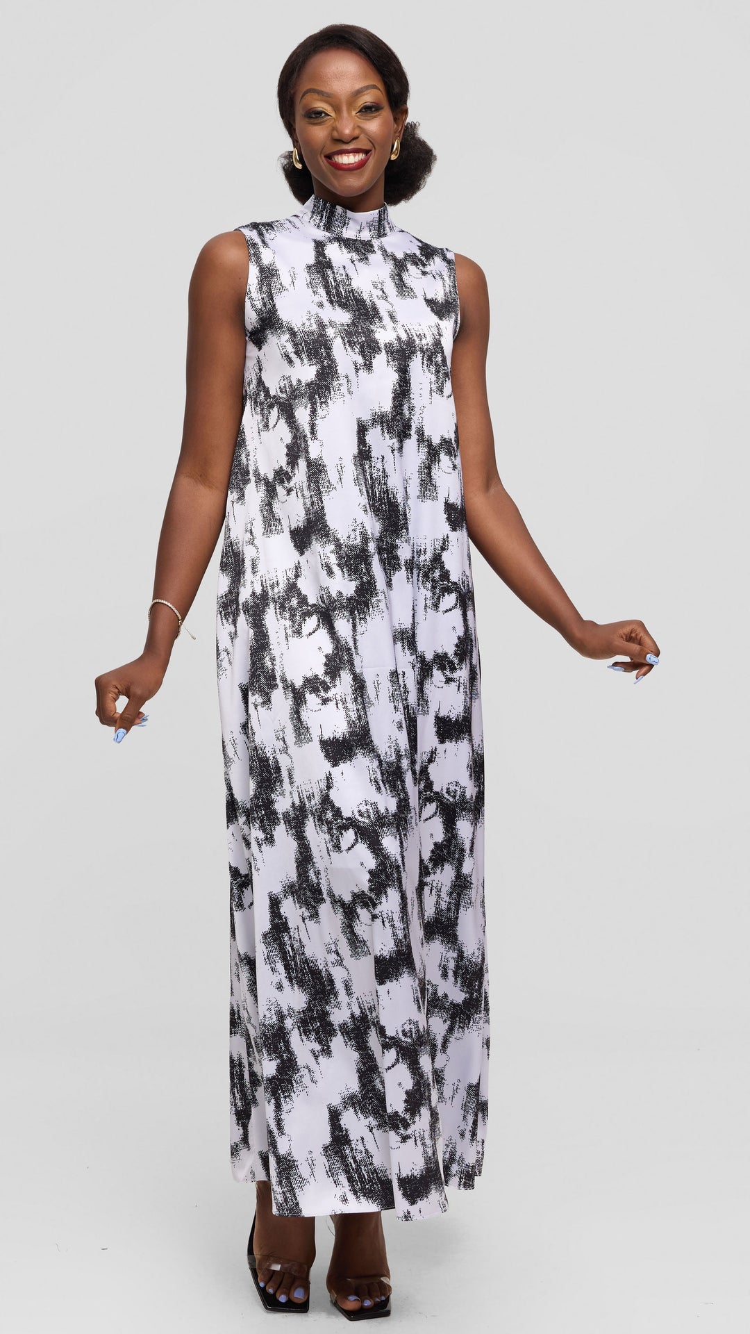 Vivo Thando Mock Neck Maxi Dress in Satin - Black / White Abstract Print