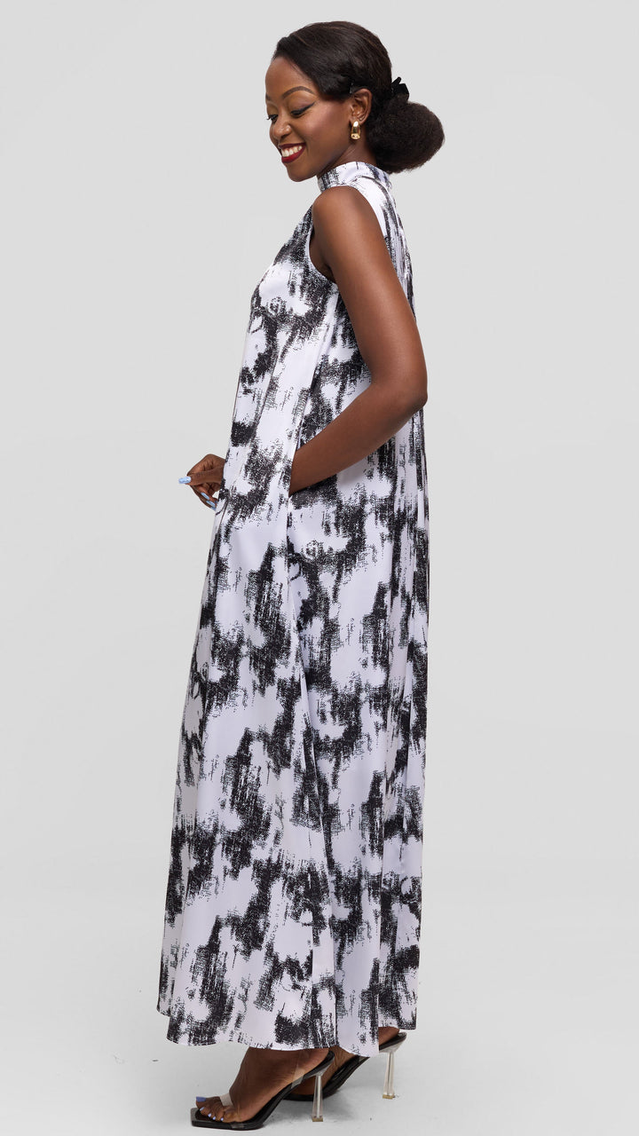 Vivo Thando Mock Neck Maxi Dress in Satin - Black / White Abstract Print