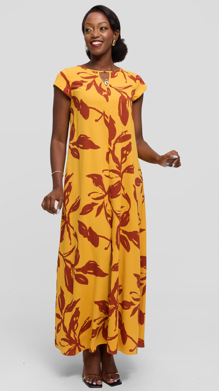 Vivo Sakari Cap Sleeve Maxi Dress in Crepe - Mustard / Rust Reni Print