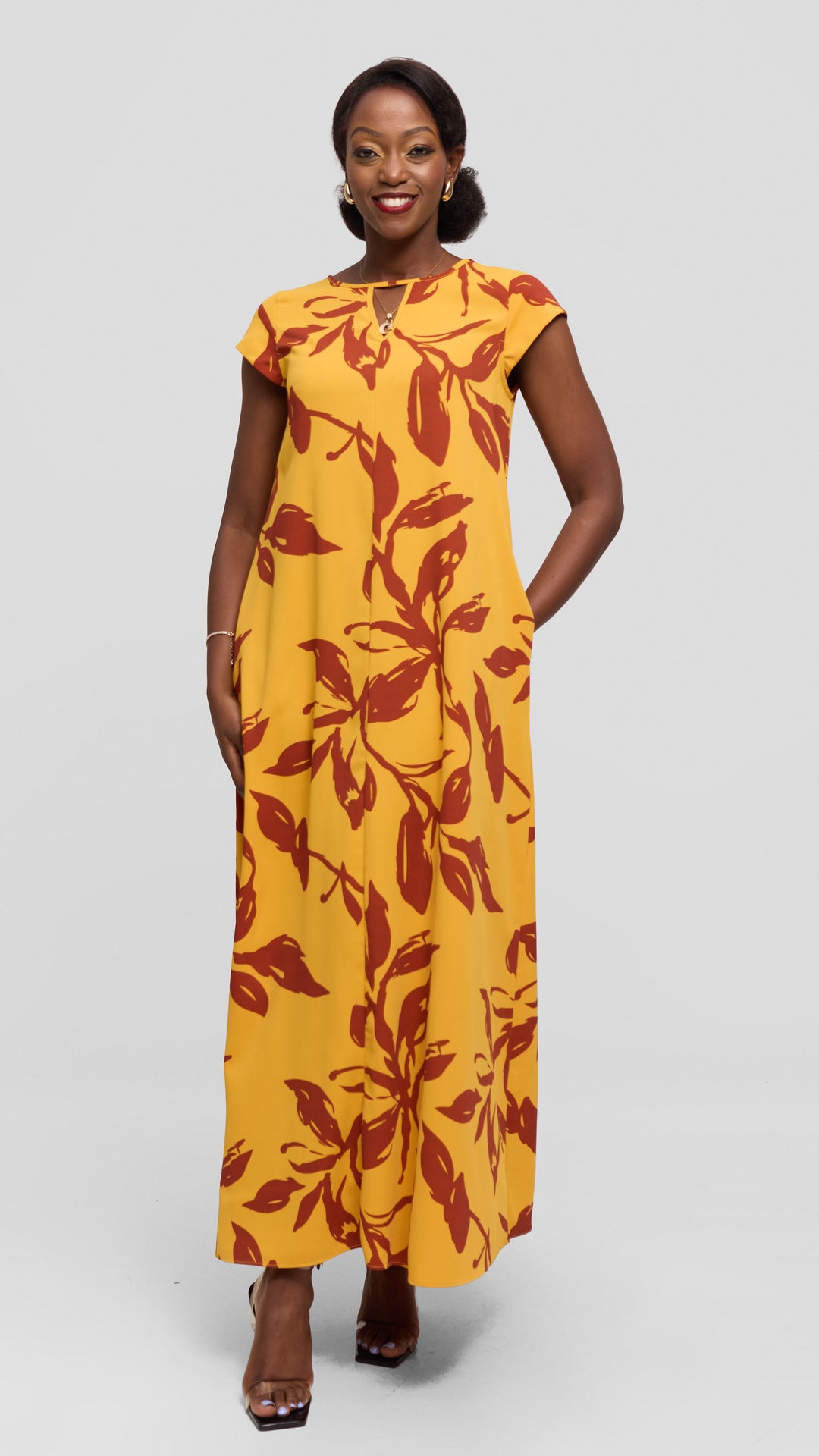 Vivo Sakari Cap Sleeve Maxi Dress in Crepe - Mustard / Rust Reni Print