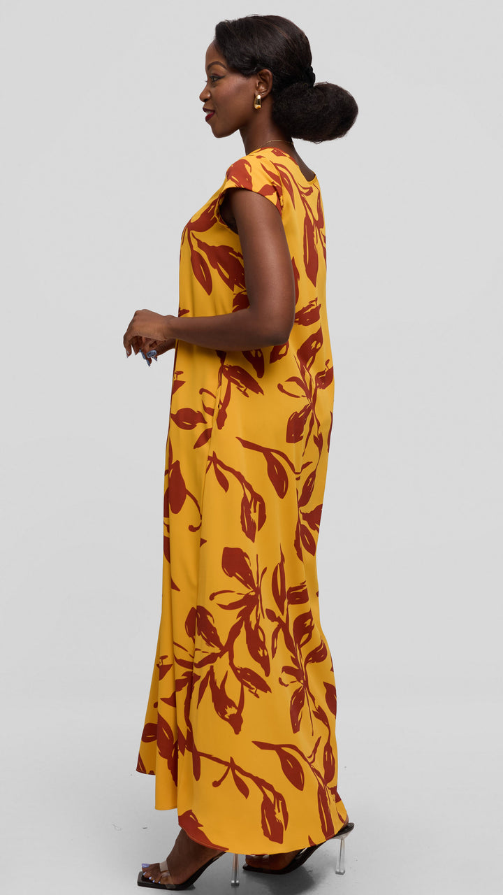 Vivo Sakari Cap Sleeve Maxi Dress in Crepe - Mustard / Rust Reni Print