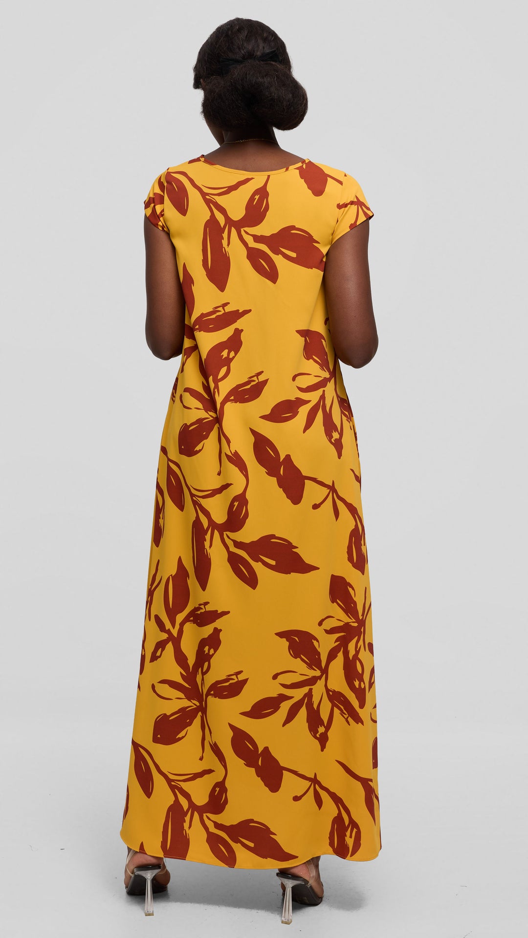 Vivo Sakari Cap Sleeve Maxi Dress in Crepe - Mustard / Rust Reni Print