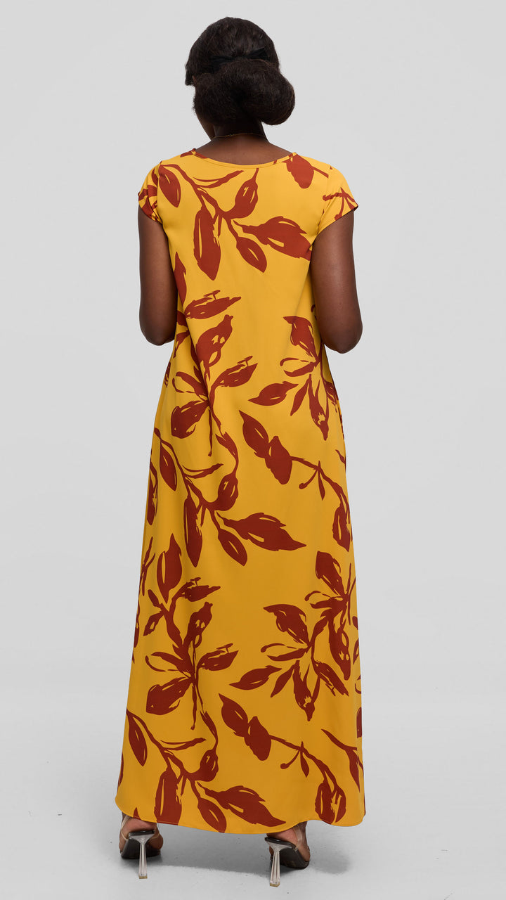 Vivo Sakari Cap Sleeve Maxi Dress in Crepe - Mustard / Rust Reni Print