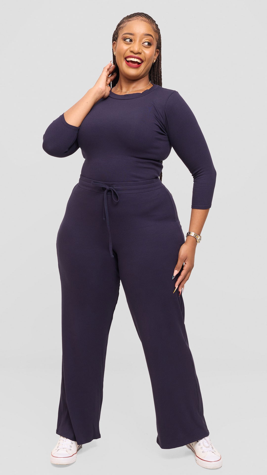 Vivo 3/4 Sleeve Crew Neck Top in Rib - Navy