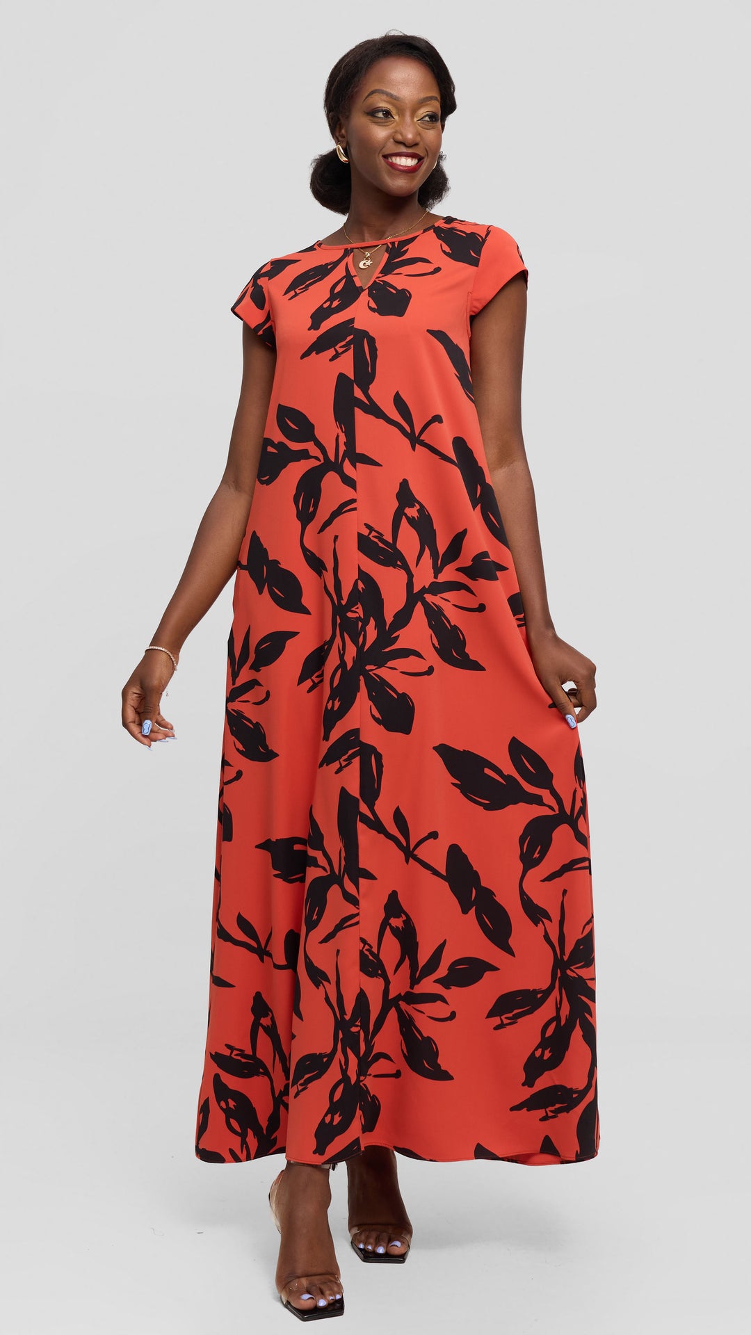 Vivo Sakari Cap Sleeve Maxi Dress in Crepe - Rust / Black Reni Print