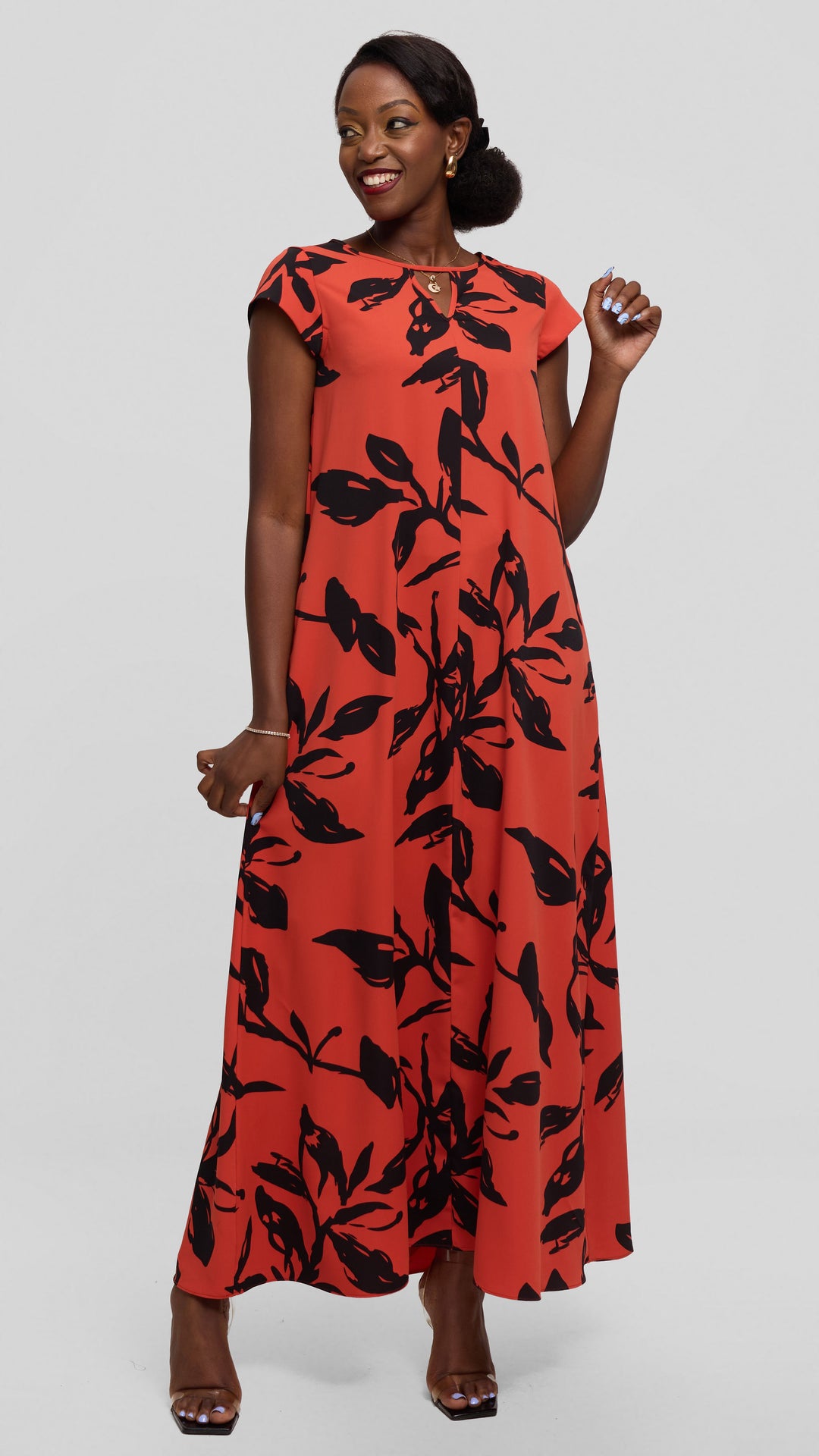 Vivo Sakari Cap Sleeve Maxi Dress in Crepe - Rust / Black Reni Print