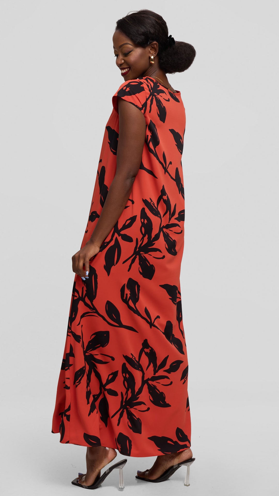 Vivo Sakari Cap Sleeve Maxi Dress in Crepe - Rust / Black Reni Print