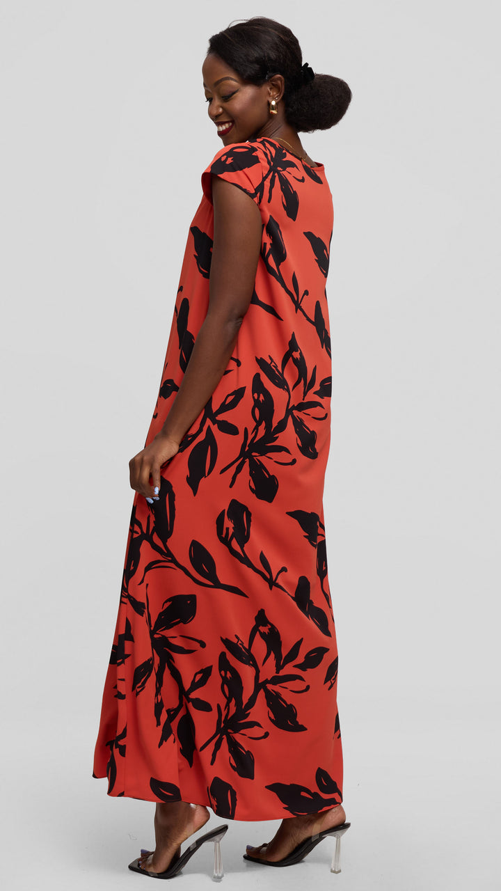 Vivo Sakari Cap Sleeve Maxi Dress in Crepe - Rust / Black Reni Print