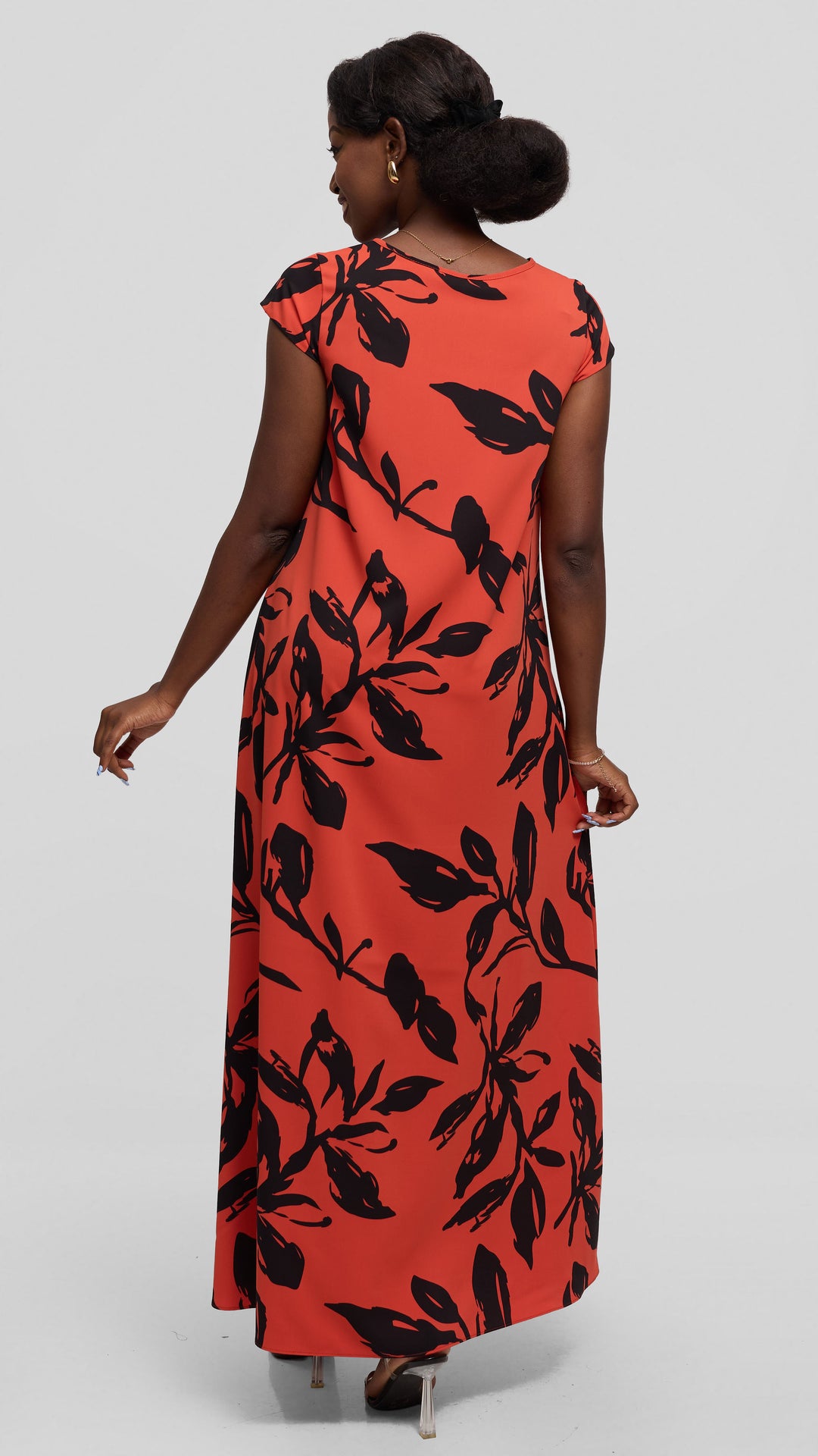 Vivo Sakari Cap Sleeve Maxi Dress in Crepe - Rust / Black Reni Print
