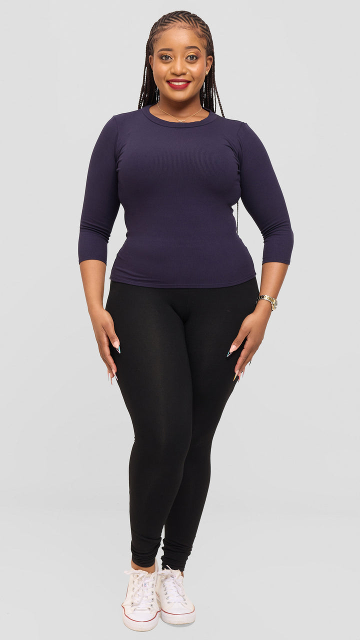 Vivo 3/4 Sleeve Crew Neck Top in Rib - Navy