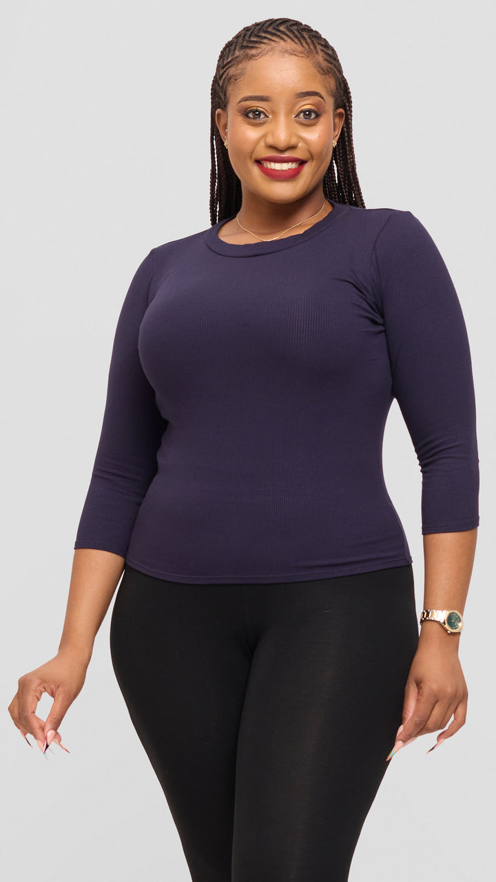 Vivo 3/4 Sleeve Crew Neck Top in Rib - Navy