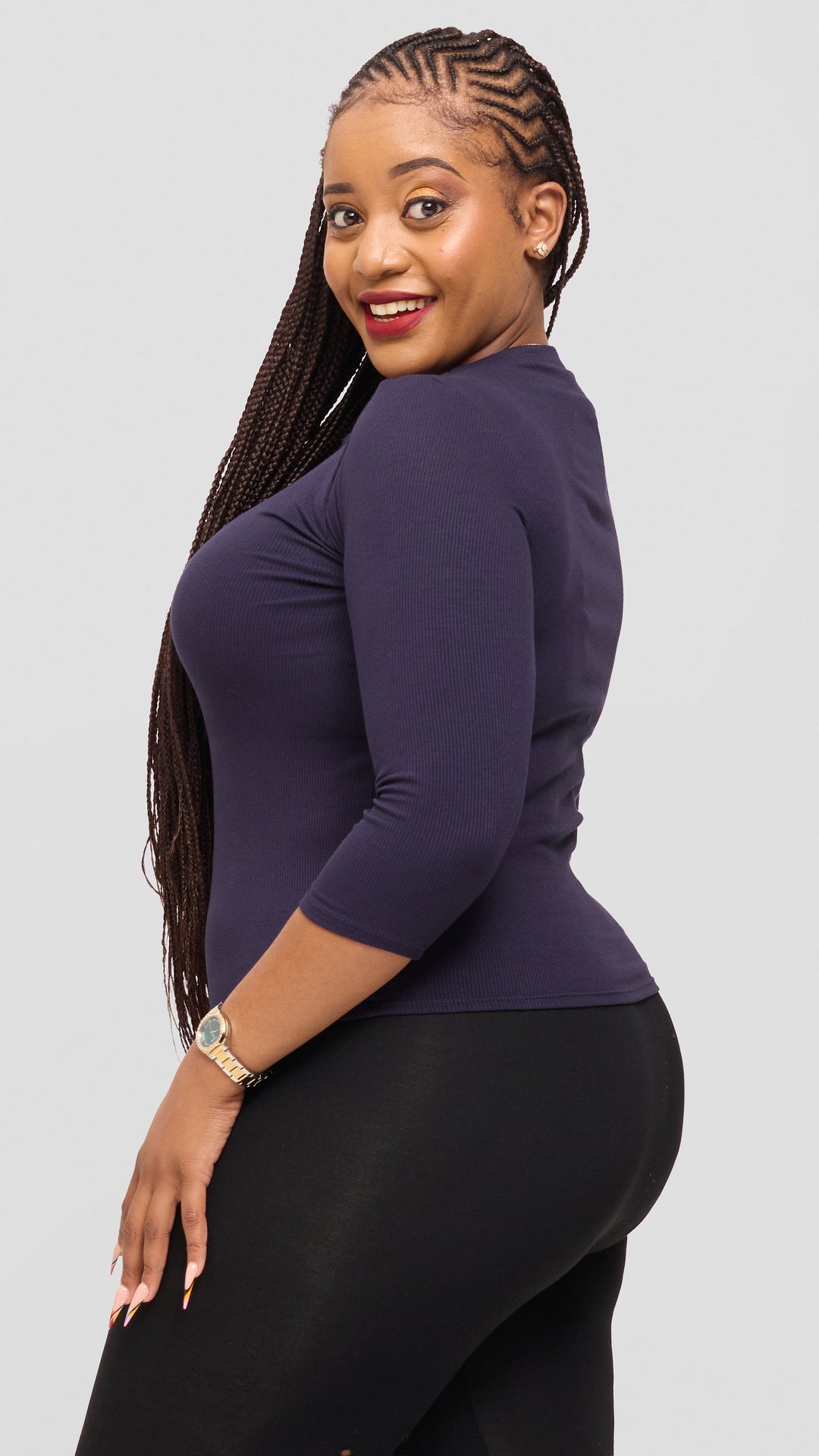 Vivo 3/4 Sleeve Crew Neck Top in Rib - Navy