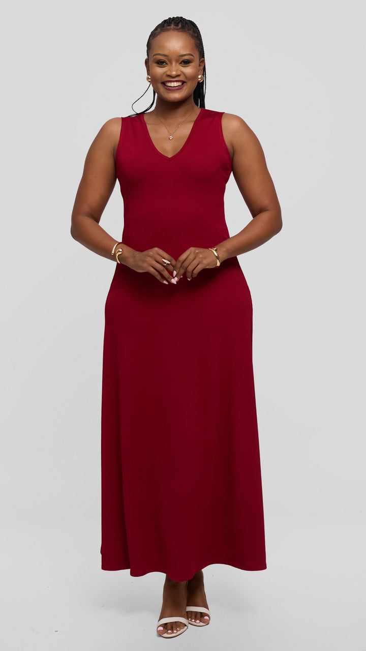 Vivo Maxi Dress in Stretch Rib - Maroon