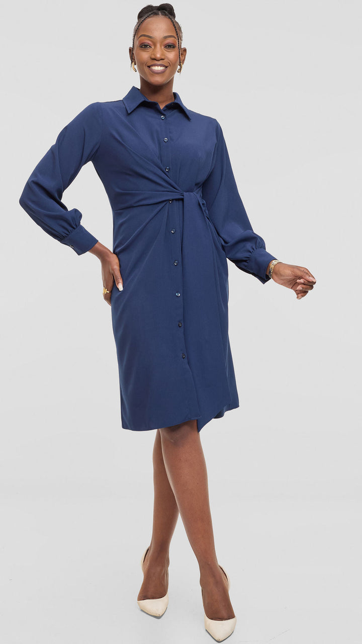 Vivo Long Sleeve Tie Dress in Crepe - Navy