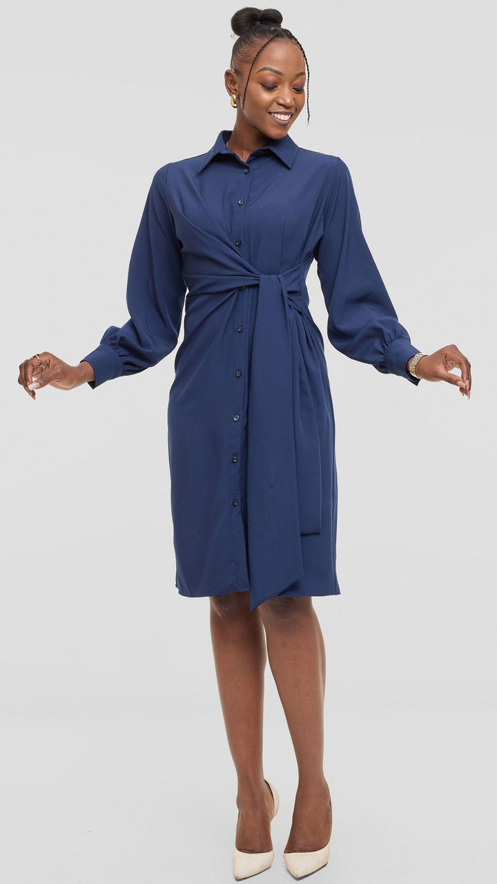 Vivo Long Sleeve Tie Dress in Crepe - Navy