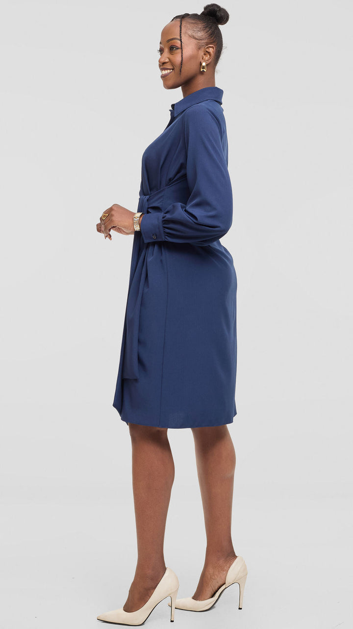 Vivo Long Sleeve Tie Dress in Crepe - Navy