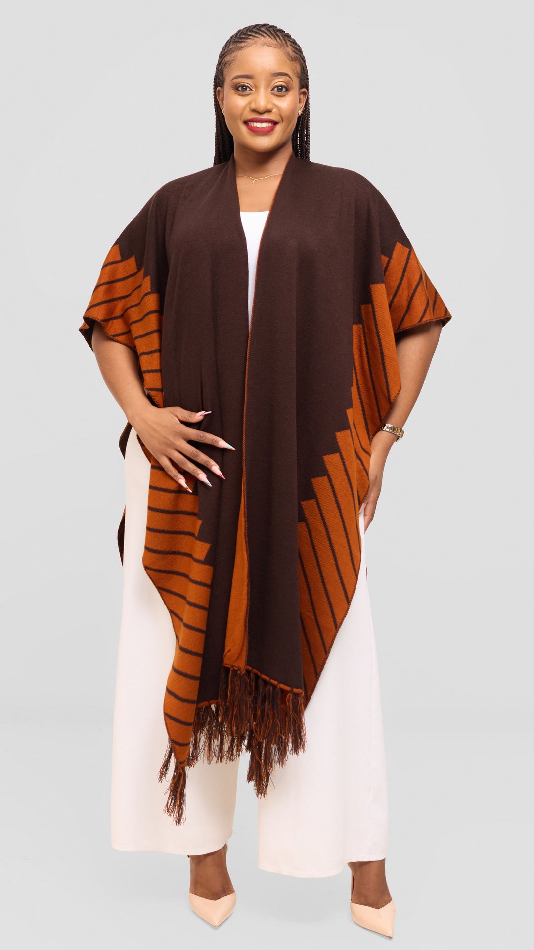 Vivo 2 Tone Border Wrap Poncho - Chocolate / Rust