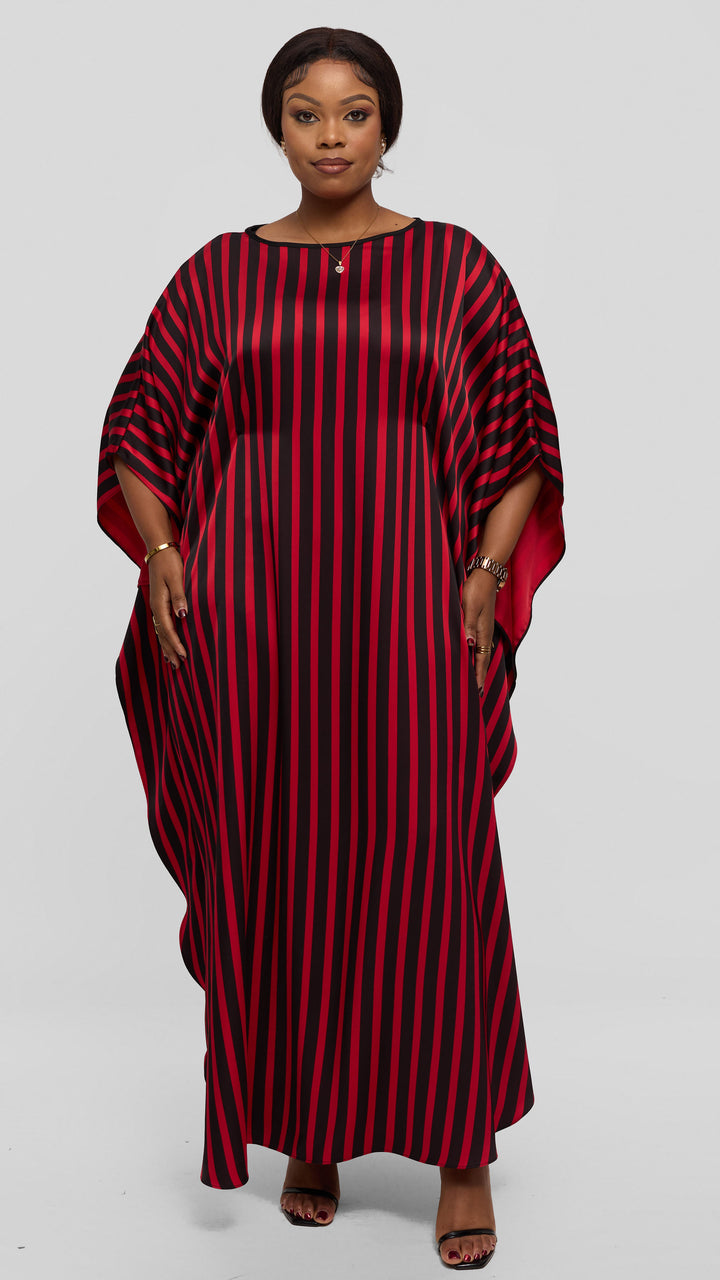 Vivo Amai Round Neck Maxi Kaftan in Satin - Red / Black Stripes