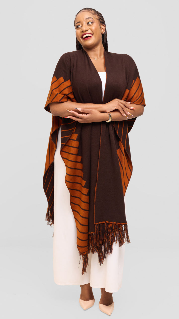 Vivo 2 Tone Border Wrap Poncho - Chocolate / Rust