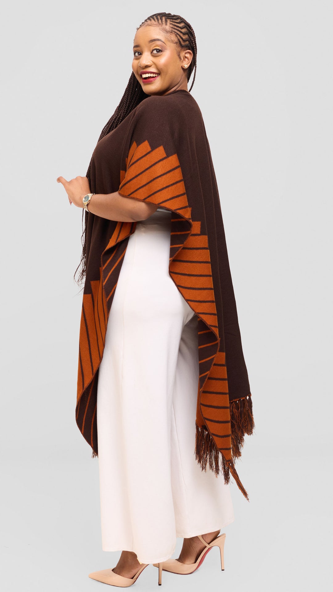 Vivo 2 Tone Border Wrap Poncho - Chocolate / Rust