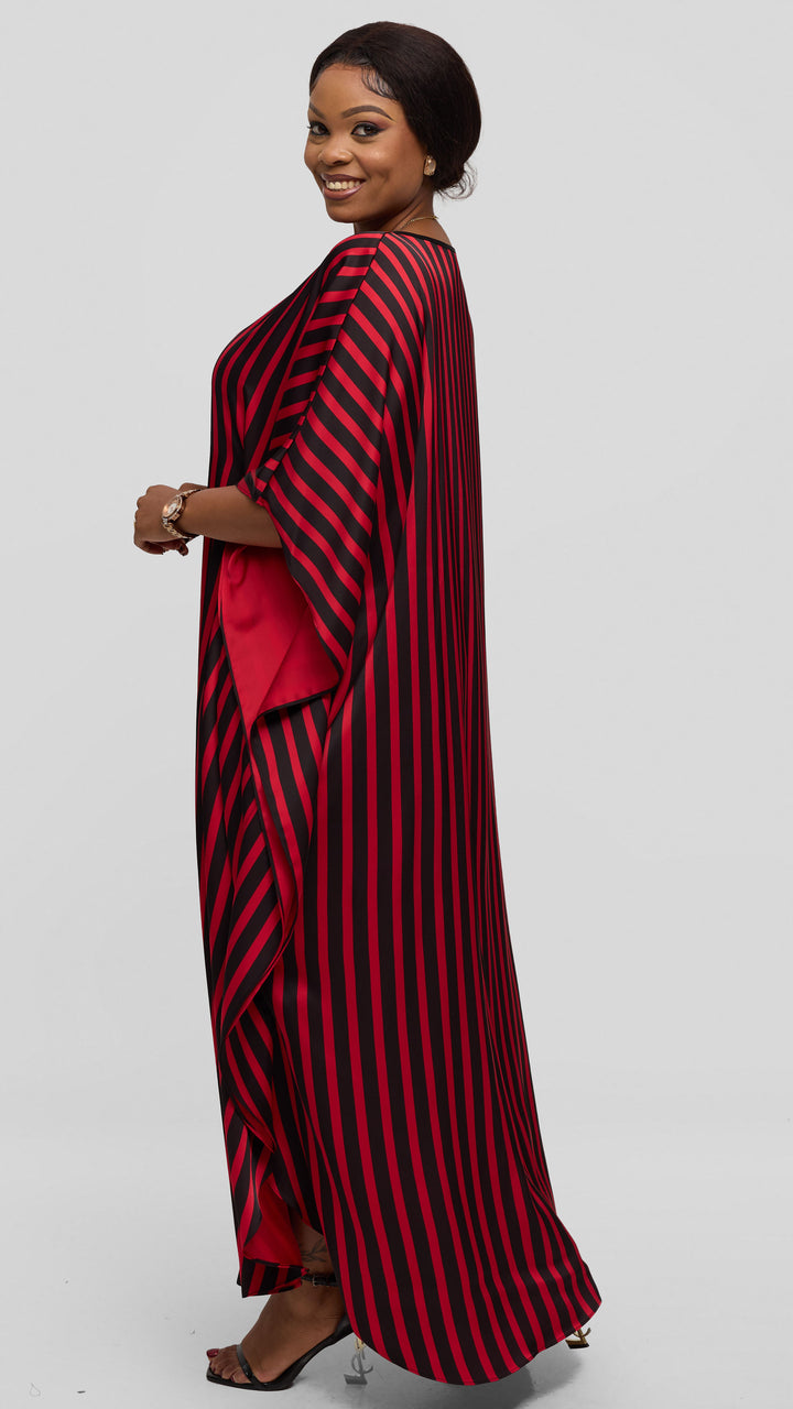 Vivo Amai Round Neck Maxi Kaftan in Satin - Red / Black Stripes