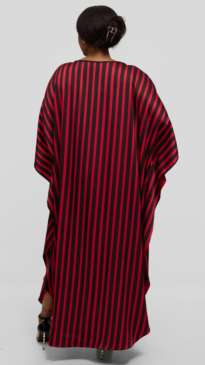 Vivo Amai Round Neck Maxi Kaftan in Satin - Red / Black Stripes