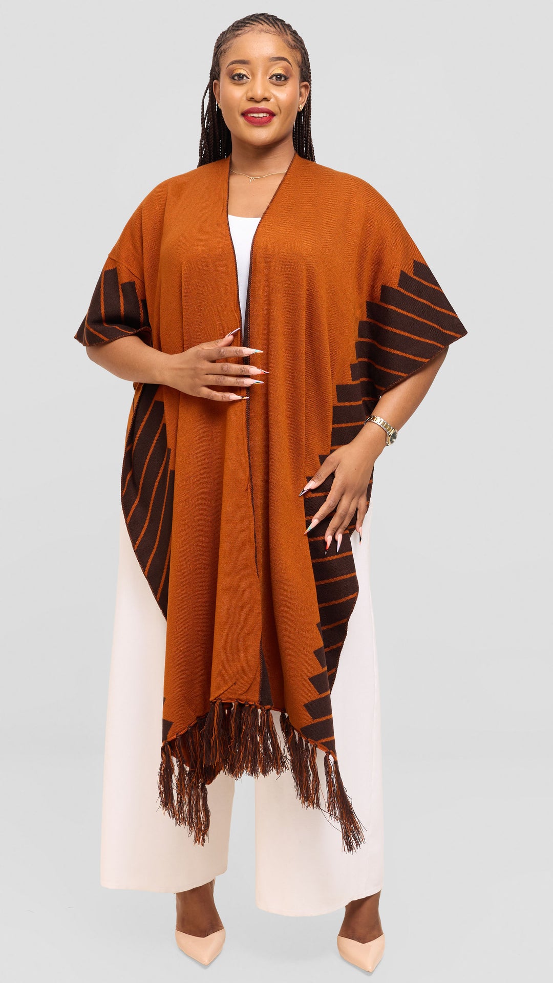 Vivo 2 Tone Border Wrap Poncho - Chocolate / Rust