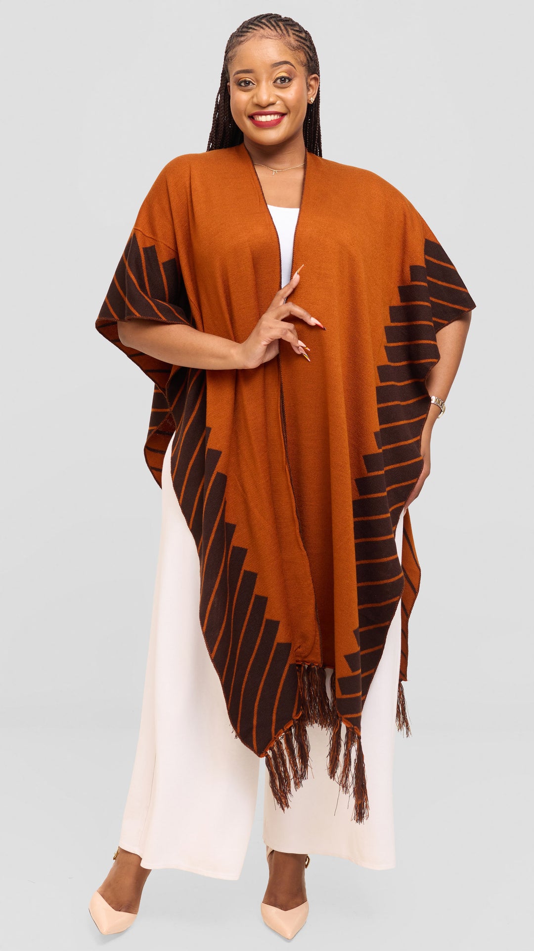 Vivo 2 Tone Border Wrap Poncho - Chocolate / Rust