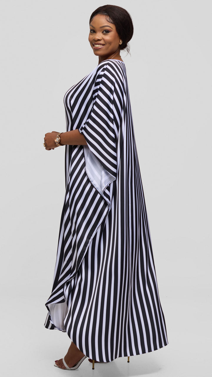 Vivo Amai Round Neck Maxi Kaftan in Satin - White / Black Stripes