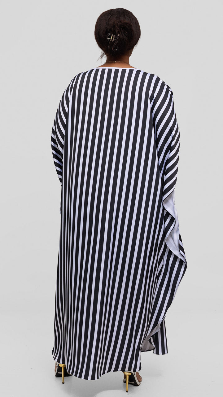 Vivo Amai Round Neck Maxi Kaftan in Satin - White / Black Stripes